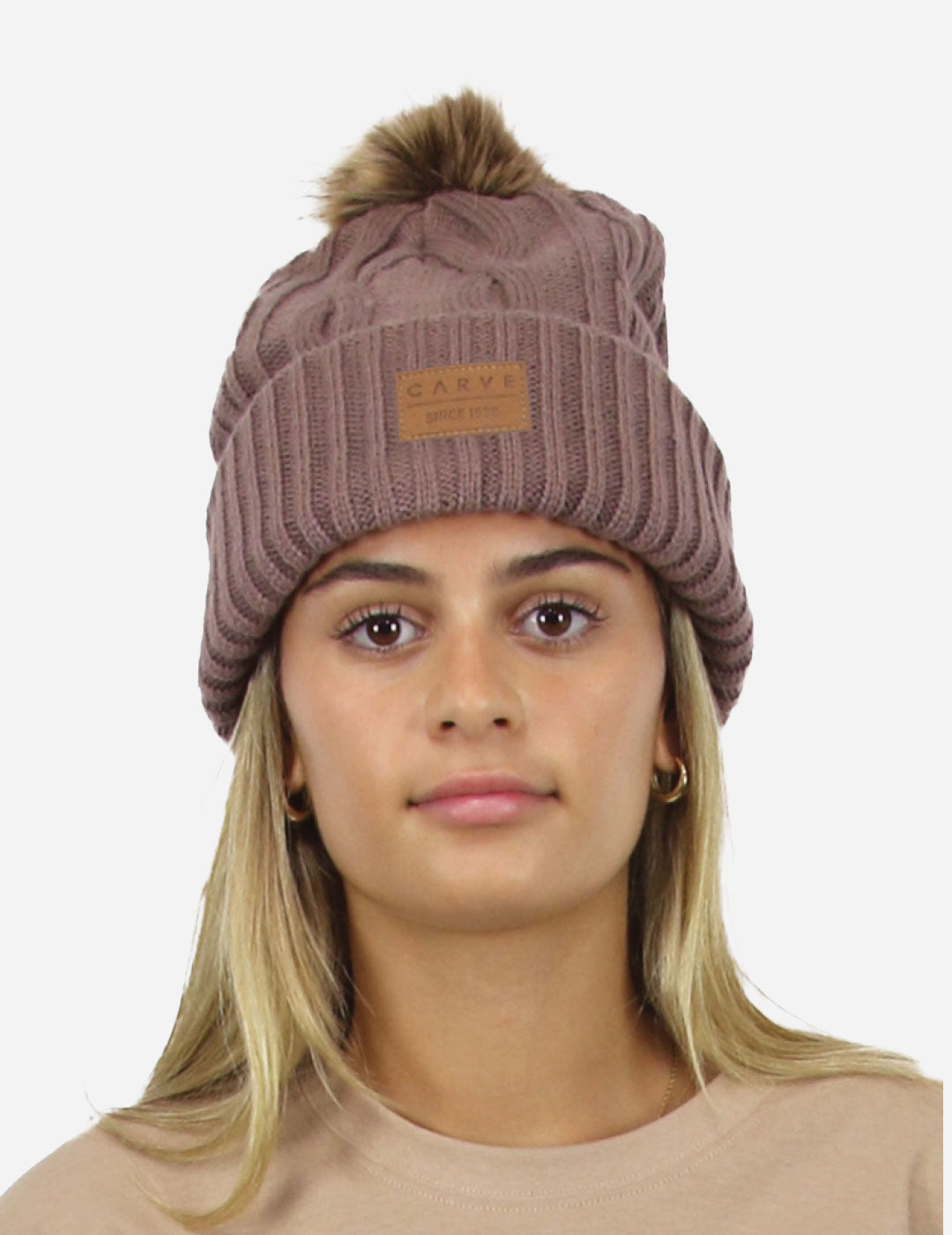 WHISTLER beanie cable knit with pom pom PLUM