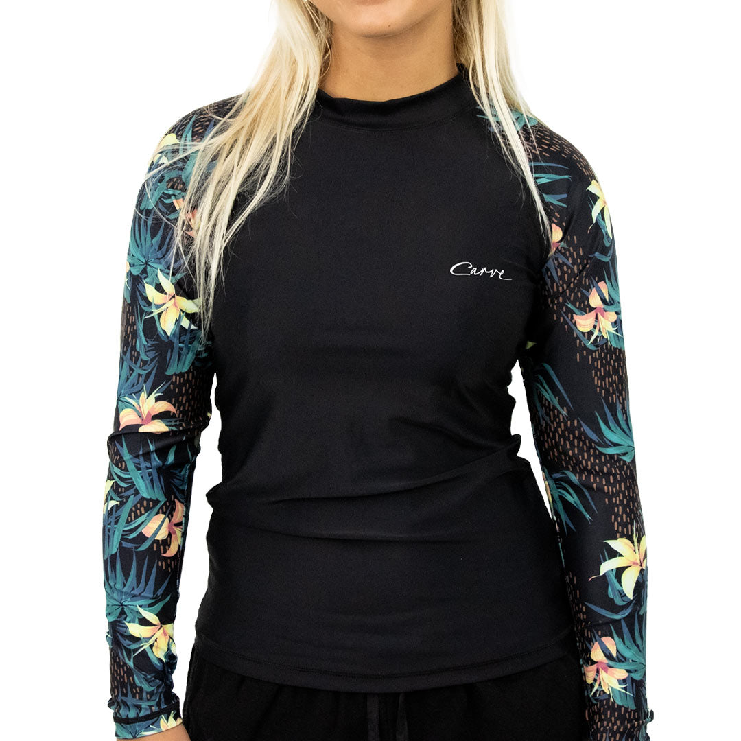 Calypso - Girls Long Sleeve Rash Vest - Black Floral