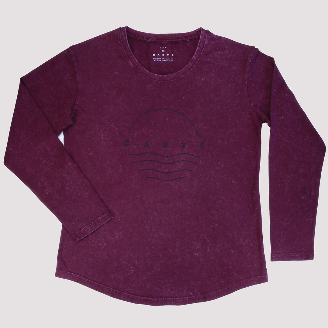 Sundown - Women's Long Sleeve Pigment Wash - Port Wine